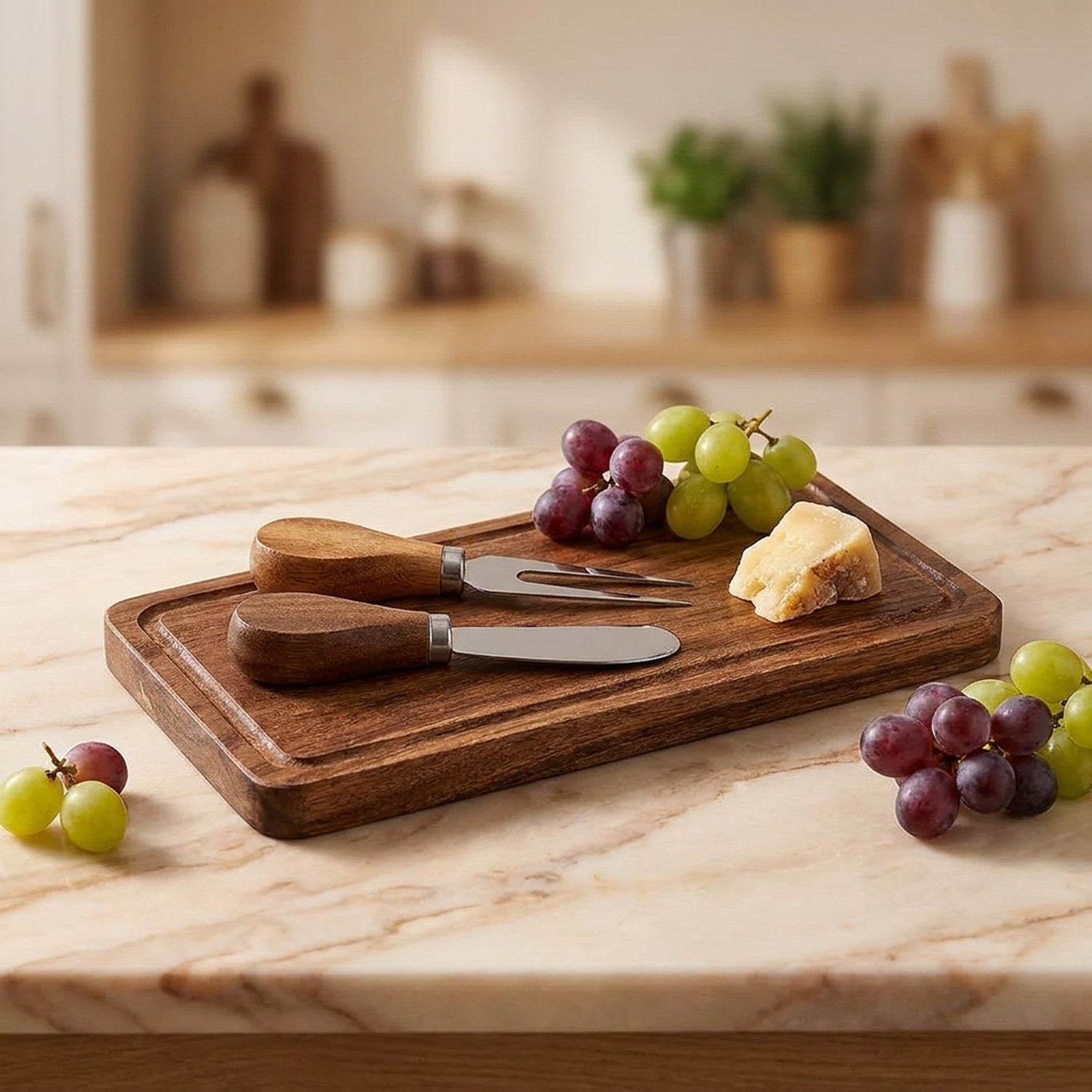Planche à fromage en acacia foncé avec couteau et fourchette assortis