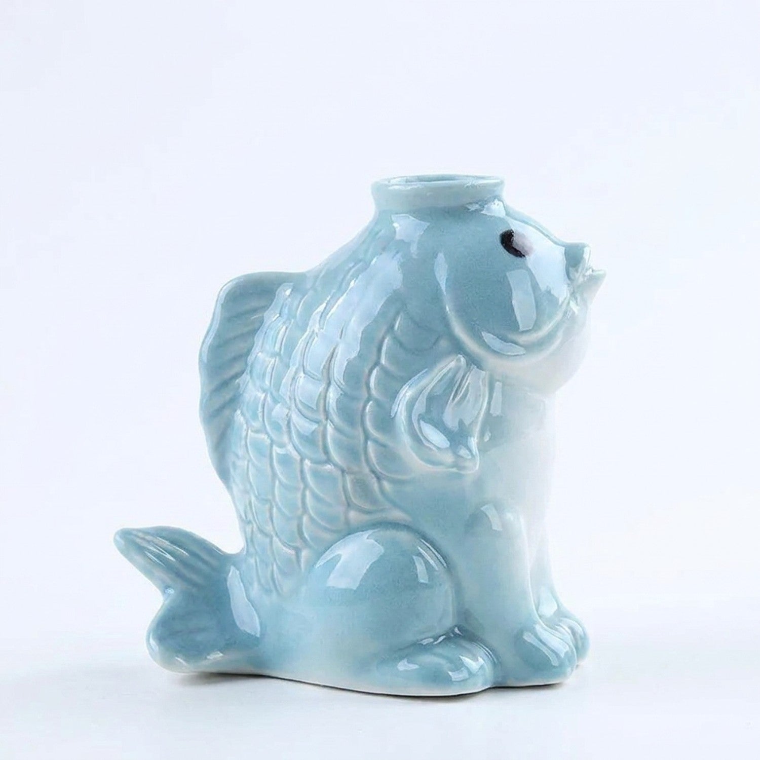 Vase céramique poisson bleu ciel, décoration florale