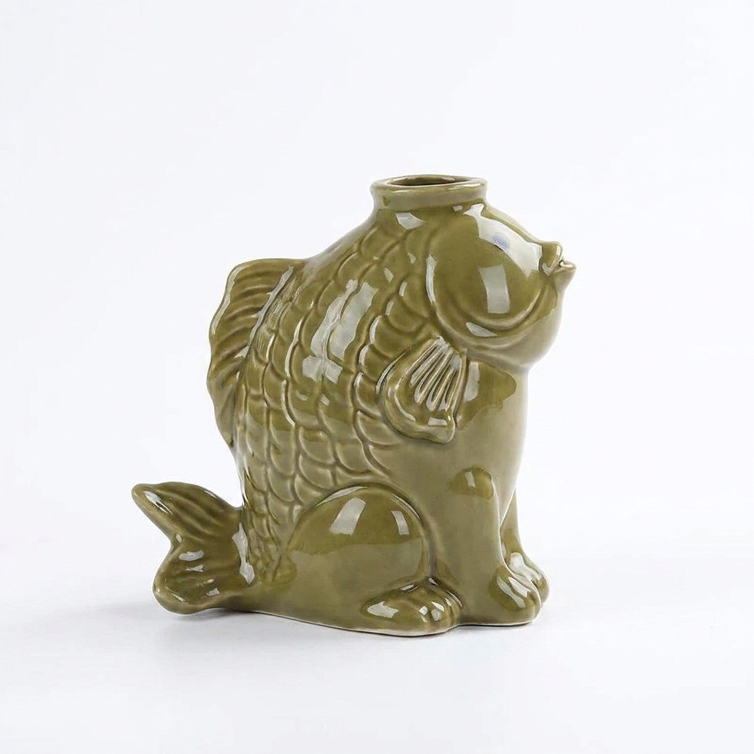 Vase céramique poisson kaki, décoration naturelle