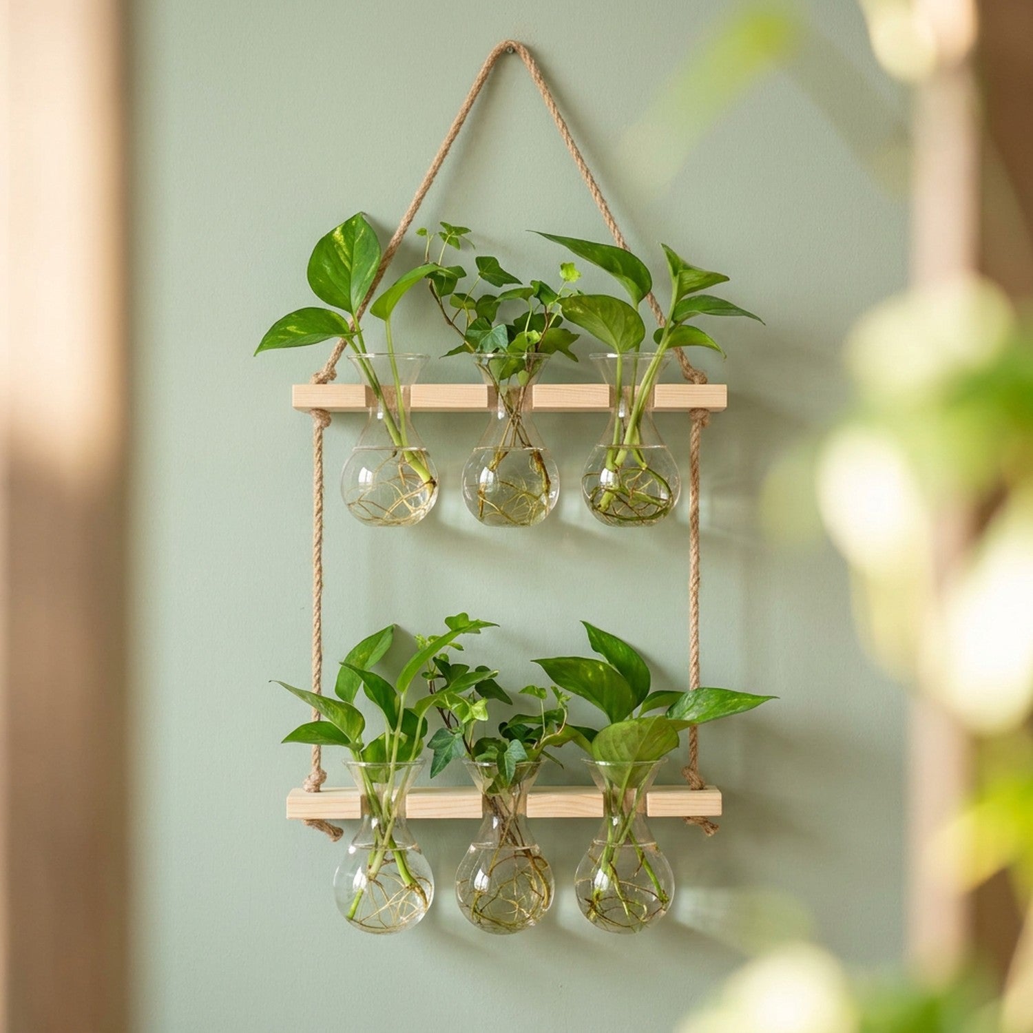 Vase mural en verre ampoules bois clair 2 étages