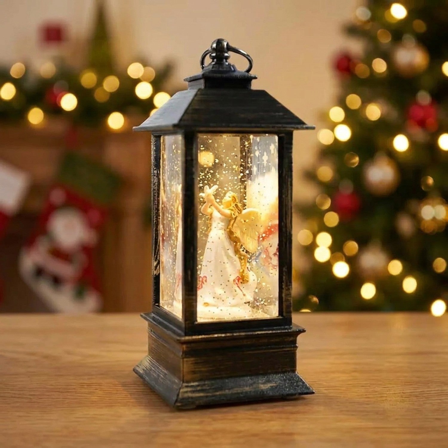 Lanterne Noël LED ange figurine robe blanche lumière dorée