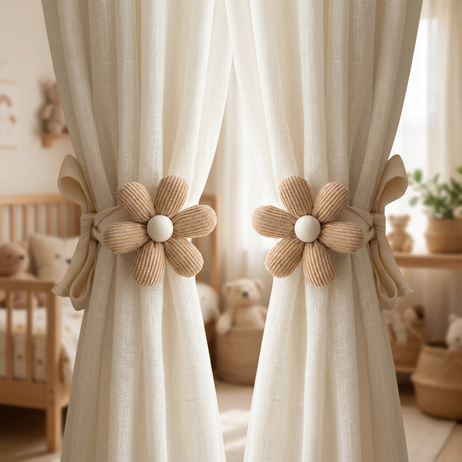 Lot de deux attaches rideau fleur beige en velours cotele sur des rideaux creme de chambre bebe