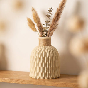 Vase décoratif beige motif ondulé col chanvre avec fleurs séchées