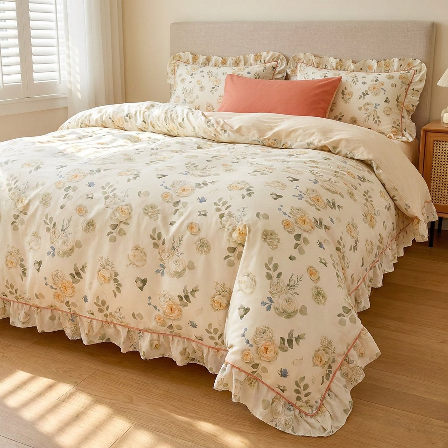 Parure de lit fleurie coloris beige avec coussin corail