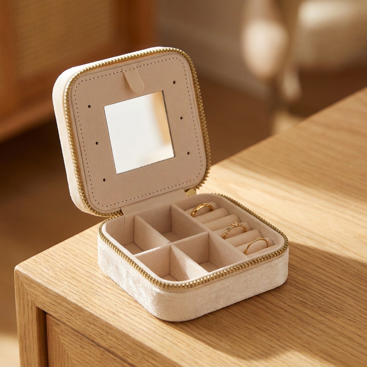 Boîte à bijoux velours blanc crème ouverte avec miroir et compartiments bijoux