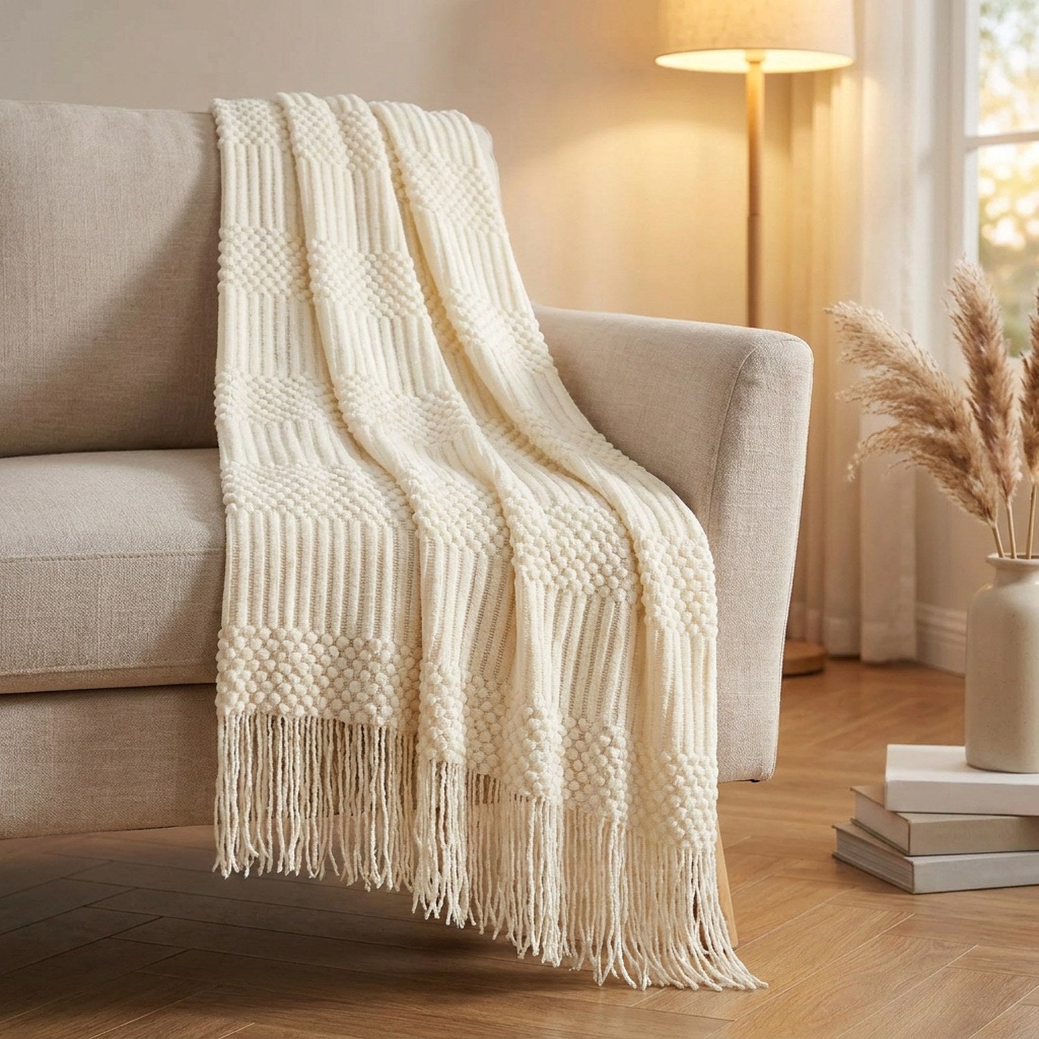Plaid tricoté en grosse maille crème à franges drapé sur un fauteuil dans un salon chaleureux