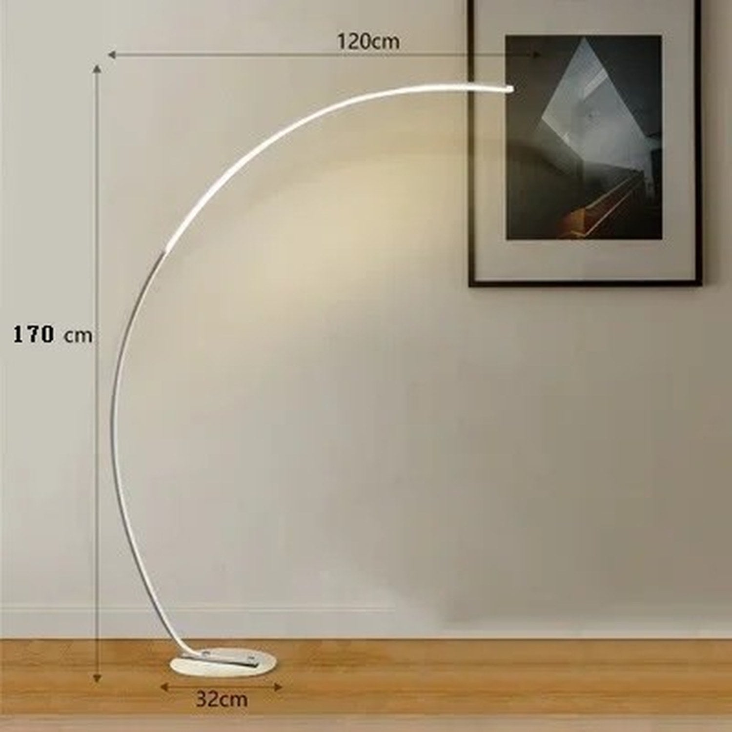 Lampadaire LED arc dimensions 170 cm hauteur 120 cm portée arc 32 cm base