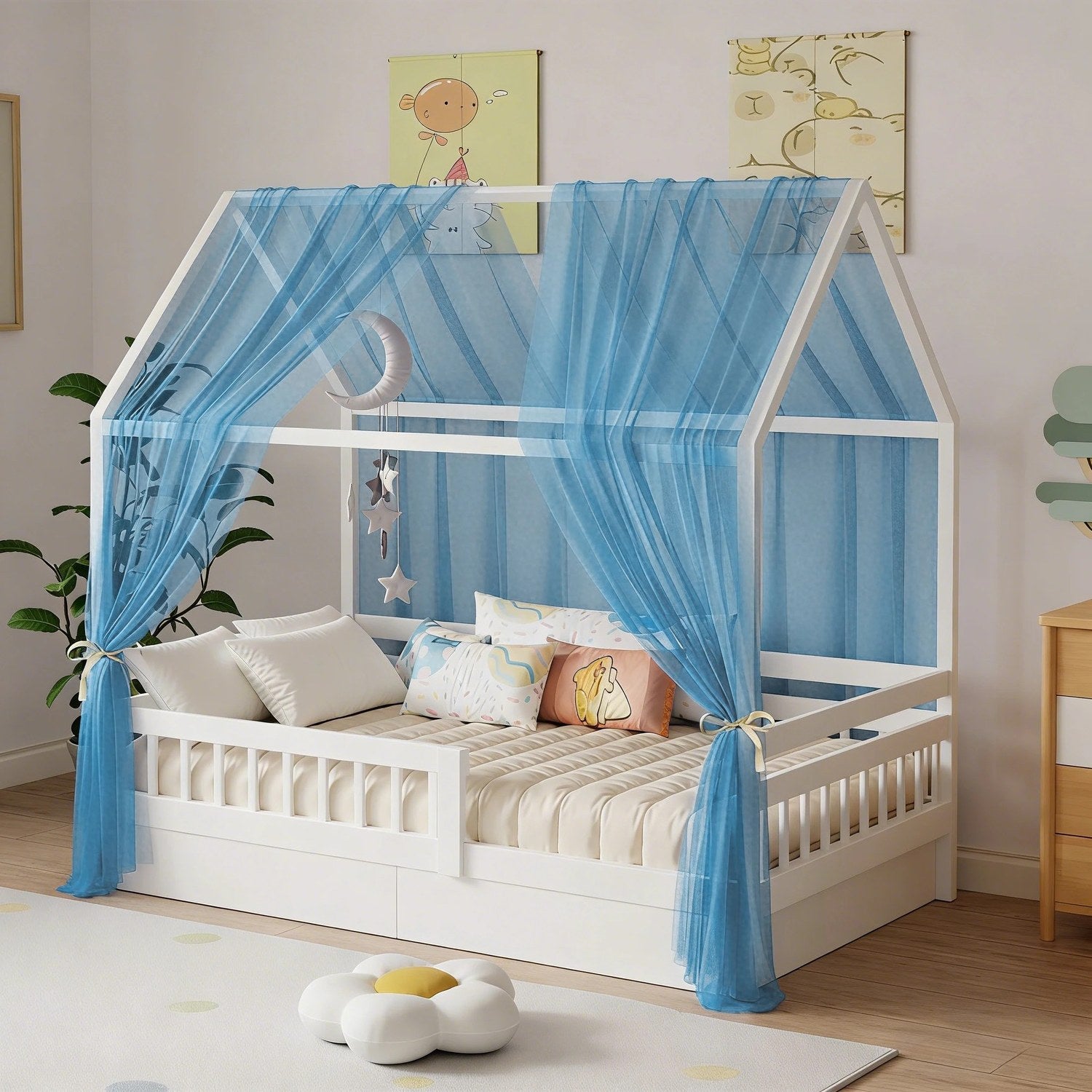 Ciel de lit enfant en mousseline bleue