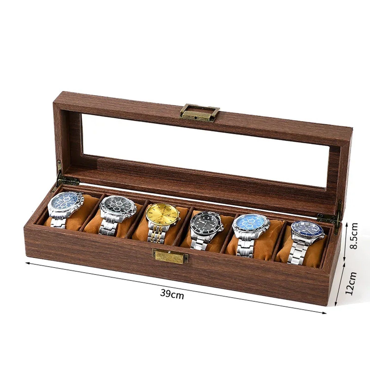 Boîte à montres en bois foncé pour 6 montres allongée