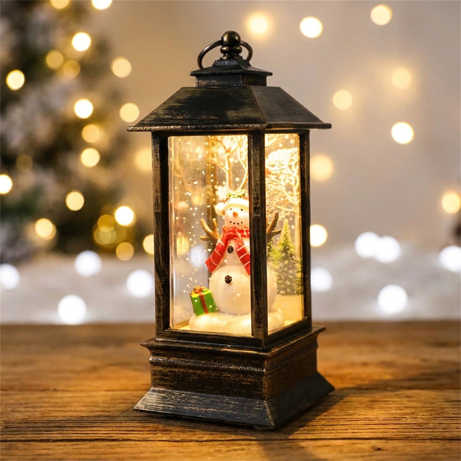 Lanterne Noël LED bonhomme de neige figurine écharpe rouge