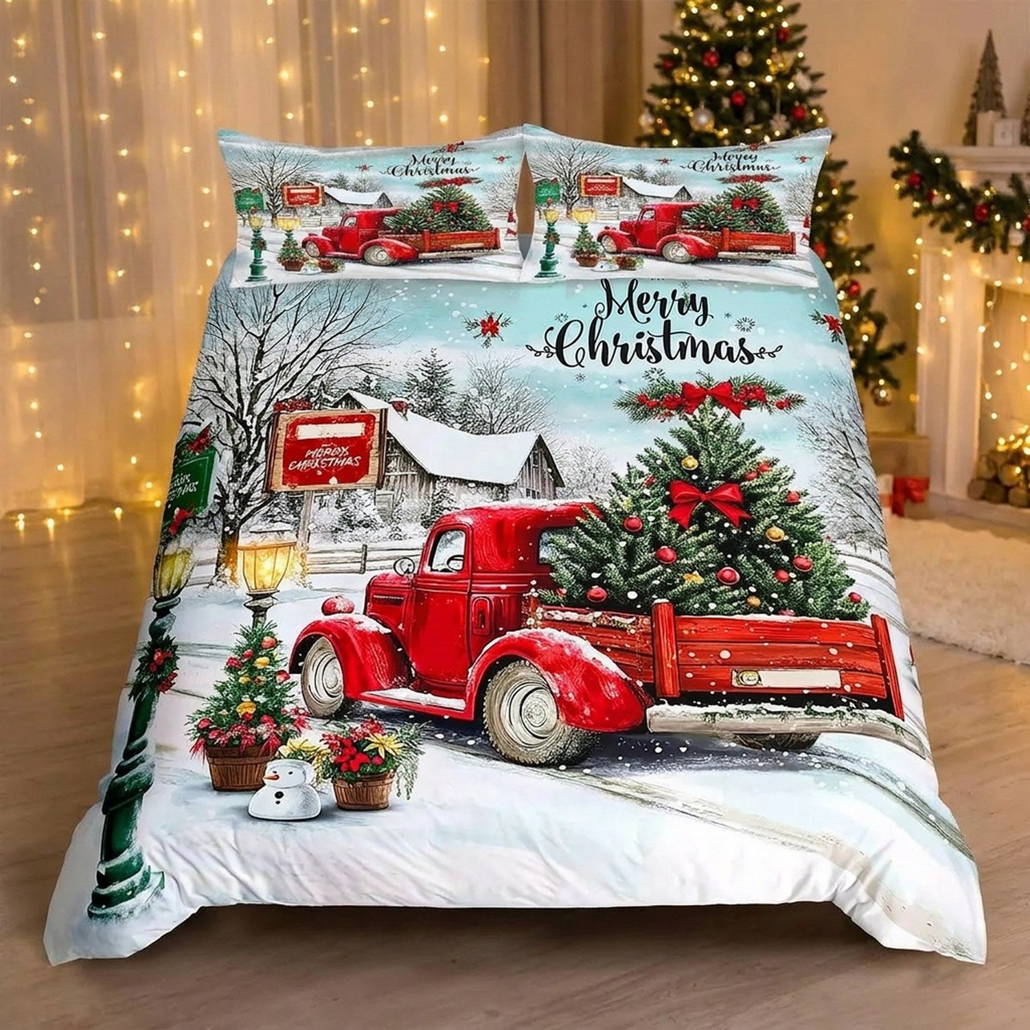Motif camion rouge de Noël avec sapin sur housse de couette