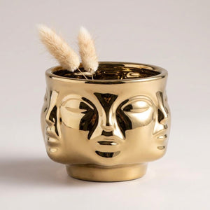 Vase bol visages sculptés céramique - Doré