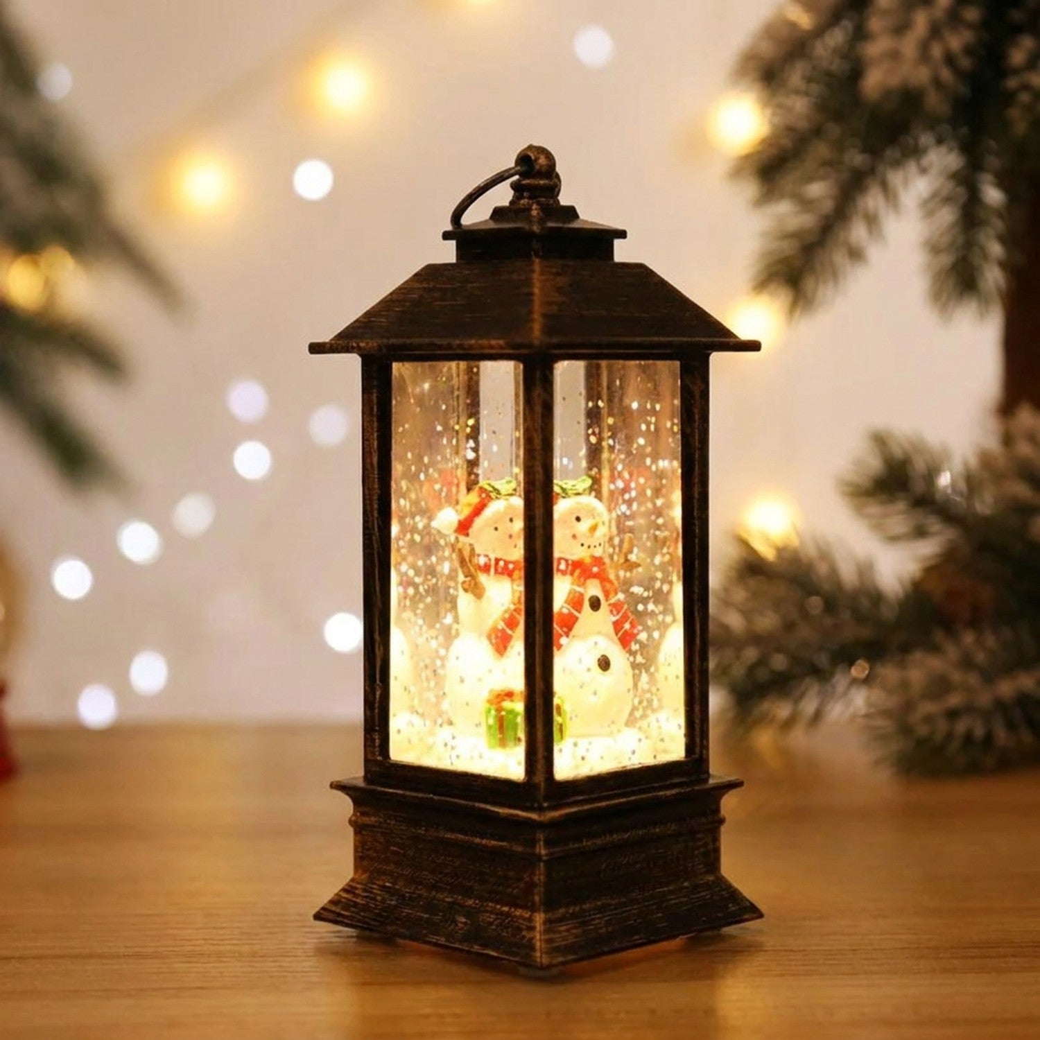 Lanterne Noël LED duo bonhommes neige duo écharpe rouge