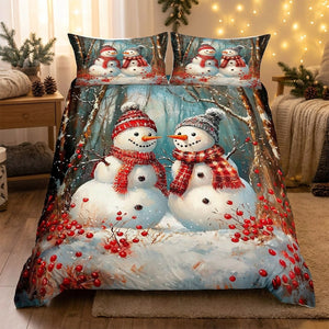 Motif duo de bonhommes de neige en forêt sur housse de couette de Noël