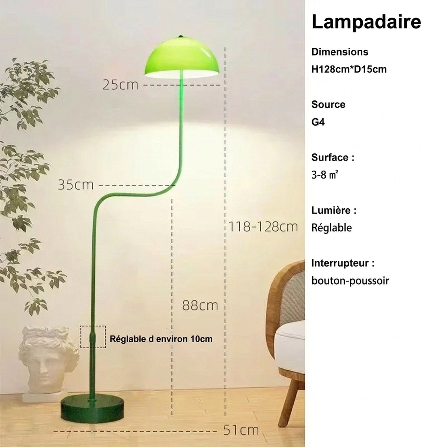 Lampadaire champignon vert - dimensions H128-152cm