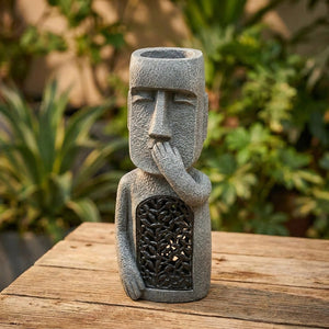 Statue Moai pose Ne rien dire mains sur la bouche ornement jardin résine