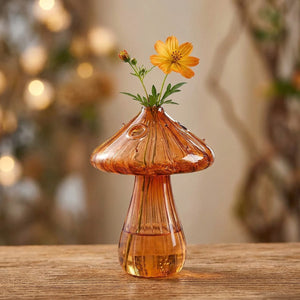 Vase champignon en verre ambré orangé avec fleur jaune