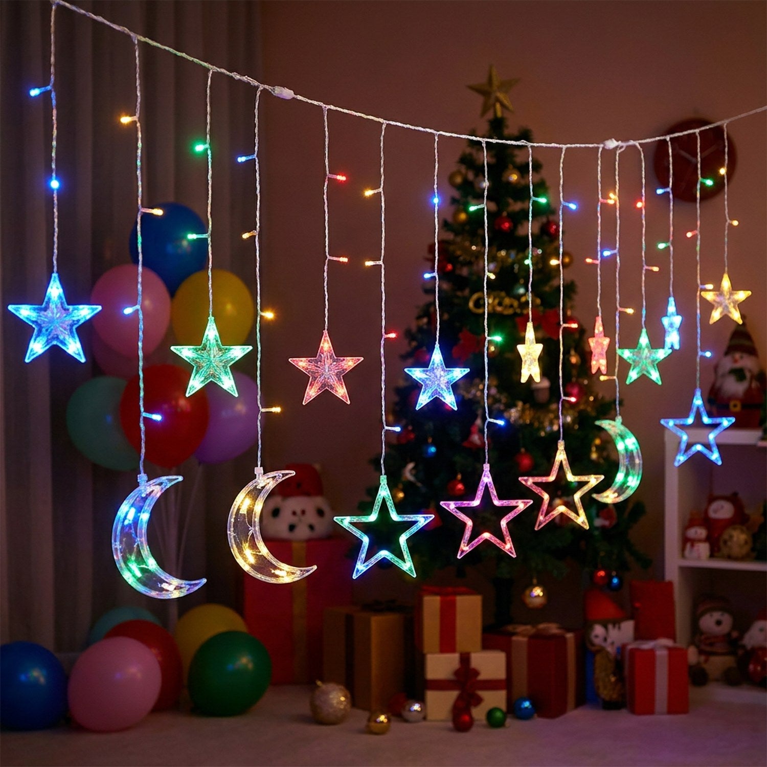Guirlande rideau LED étoile et lune multicolore — variante multicolore