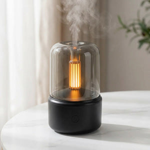 Diffuseur d'arômes USB couleur noir avec veilleuse flamme ambrée