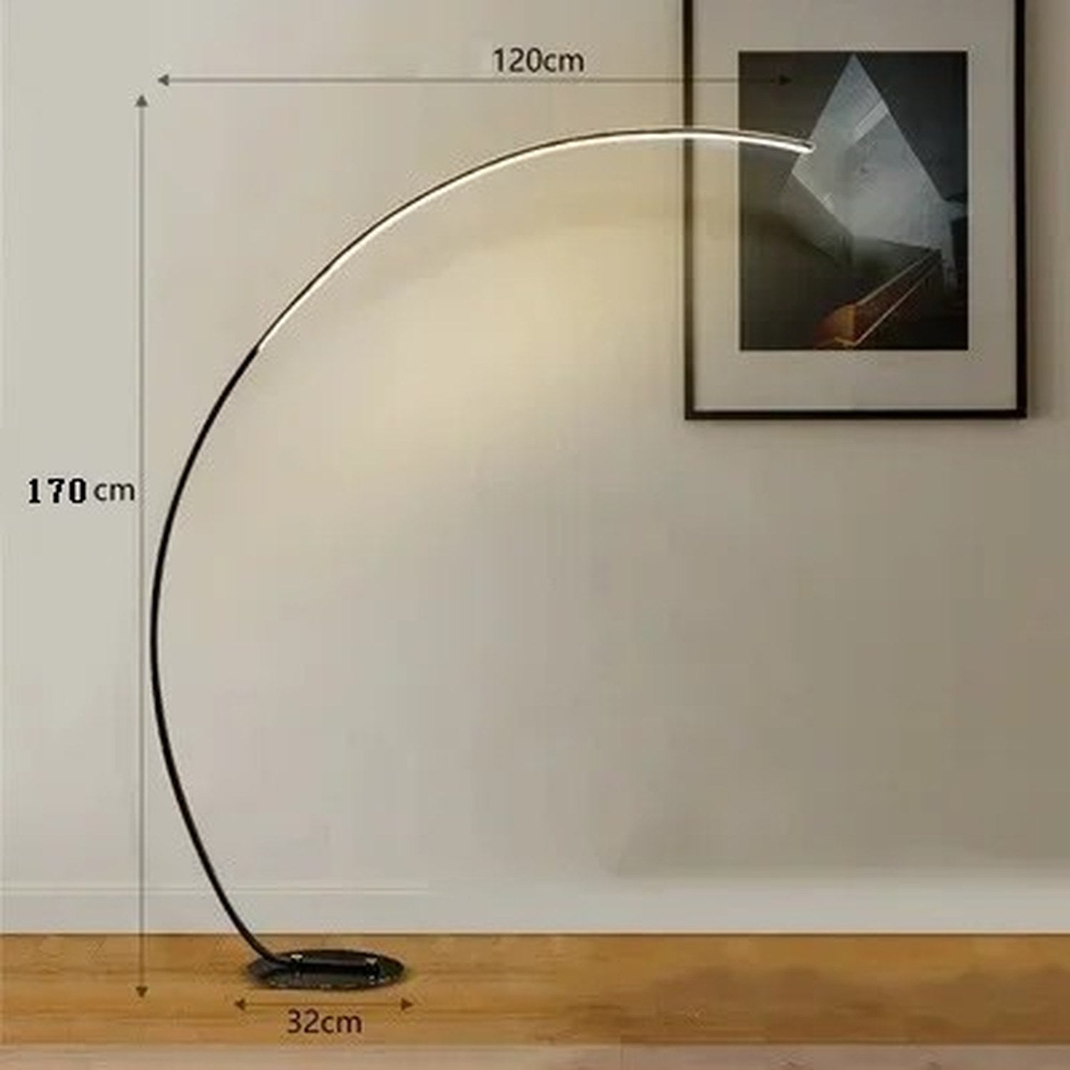Lampadaire LED arc dimensions vue noire 170 cm hauteur 120 cm portée 32 cm base