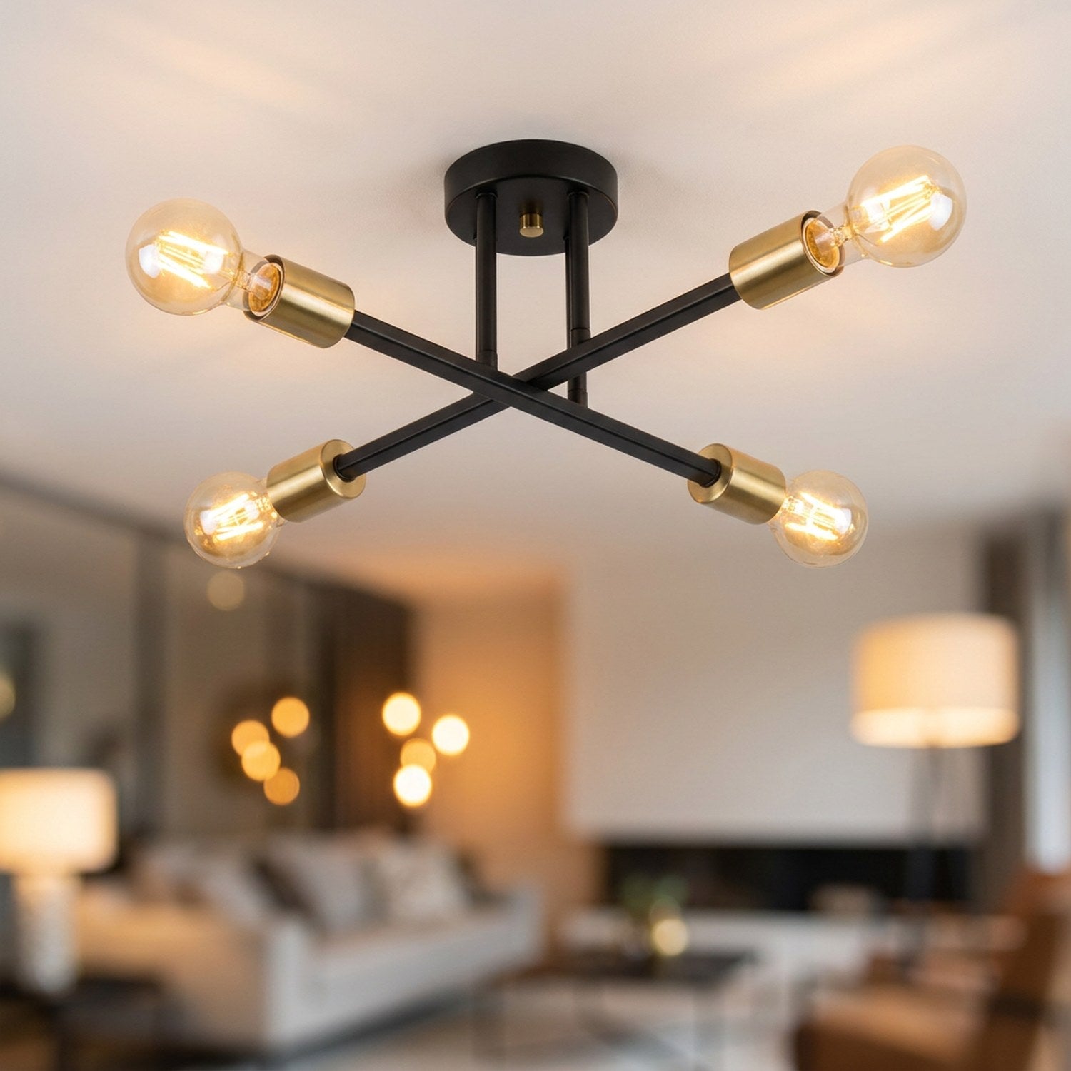 Lustre Sputnik noir et or 4 bras