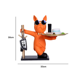 Statue bouledogue majordome résine orange 30 cm porte-clés plateau doré