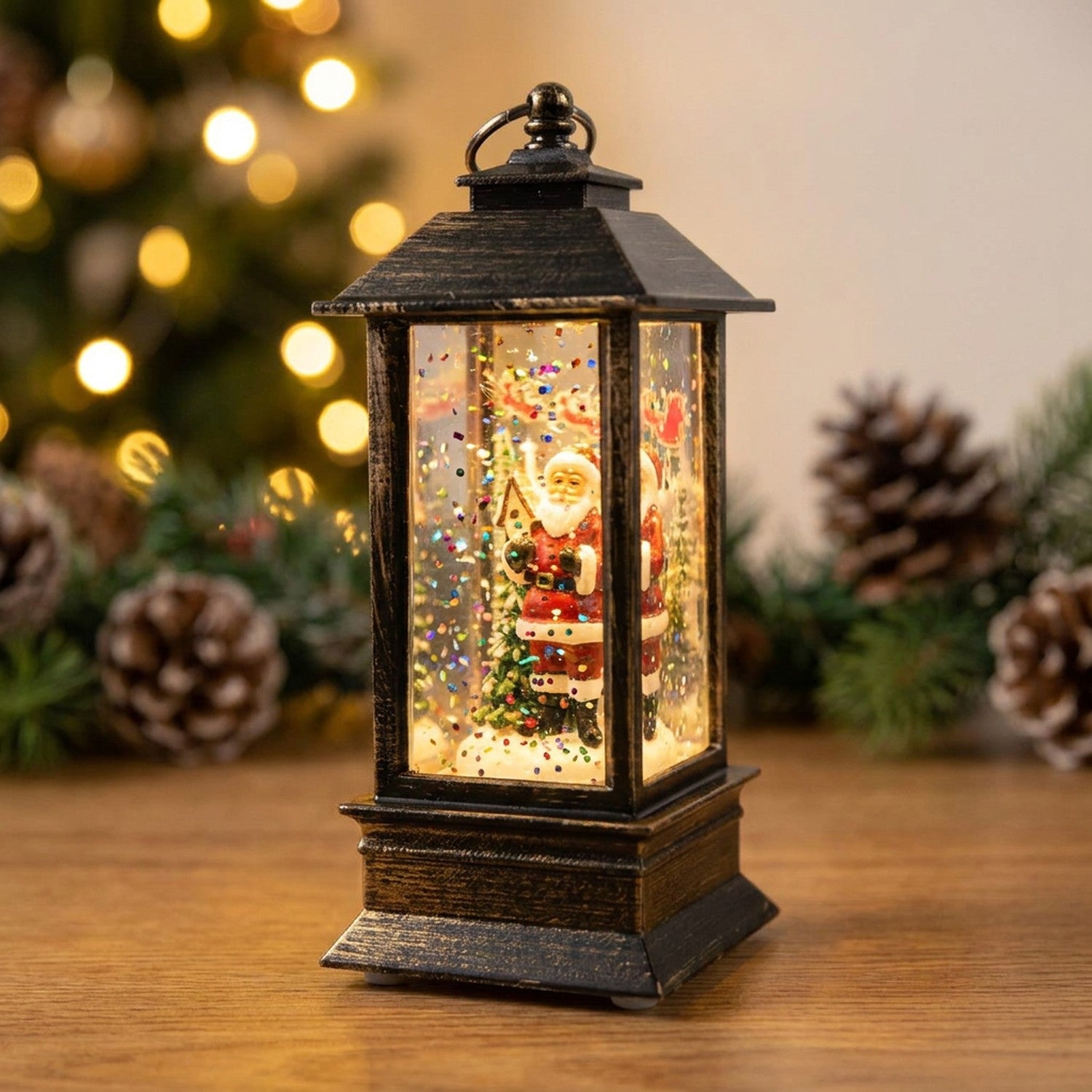 Lanterne Noël LED Père Noël figurine scintillante bronze