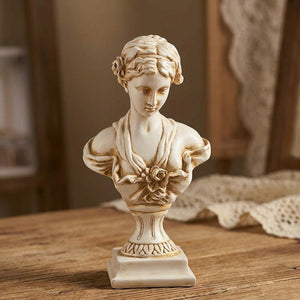 Buste de déesse classique en résine finition antique crème et dorée avec rose sculptée