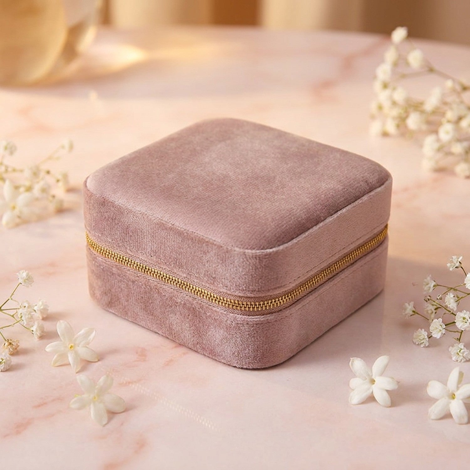 Boîte à bijoux en velours rose nude avec fermeture éclair dorée