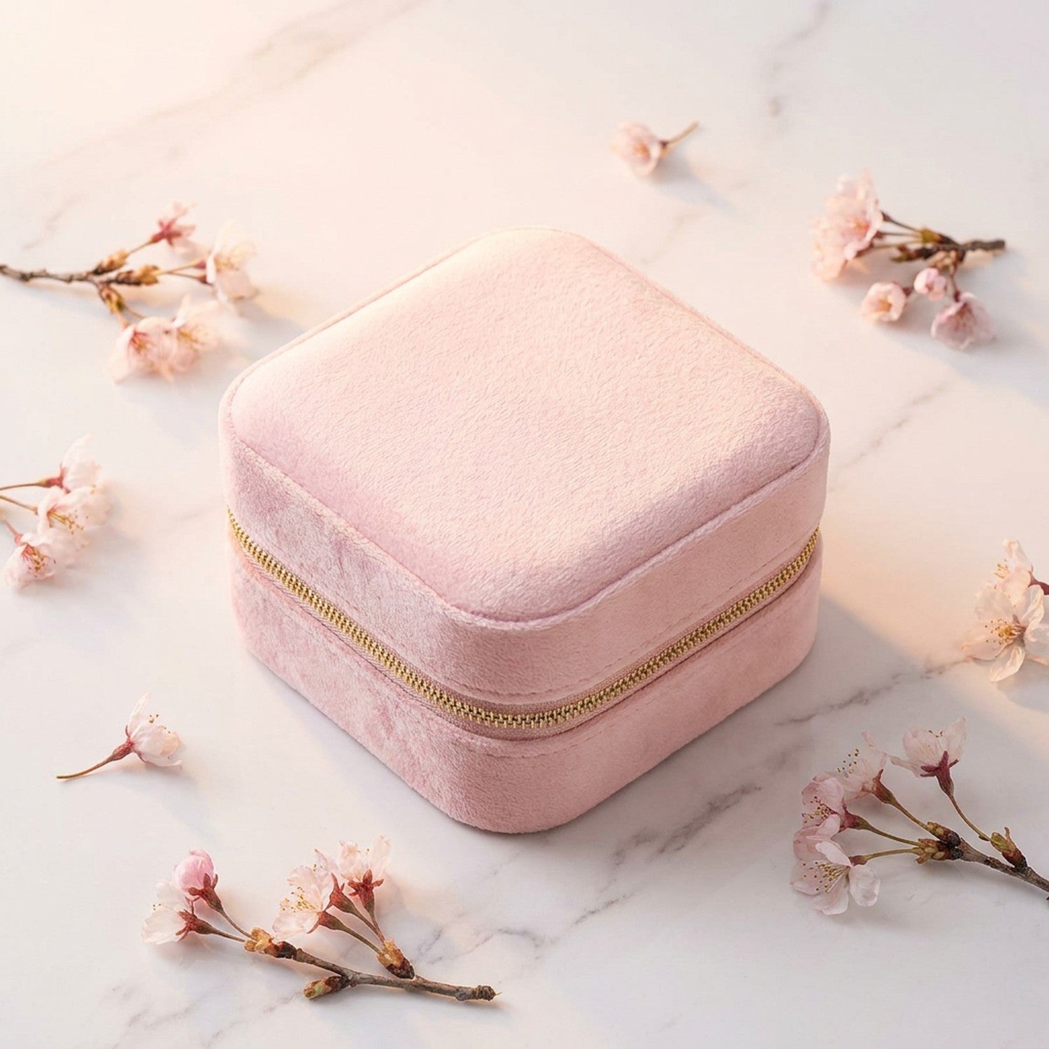 Boîte à bijoux en velours rose sakura avec fermeture éclair dorée