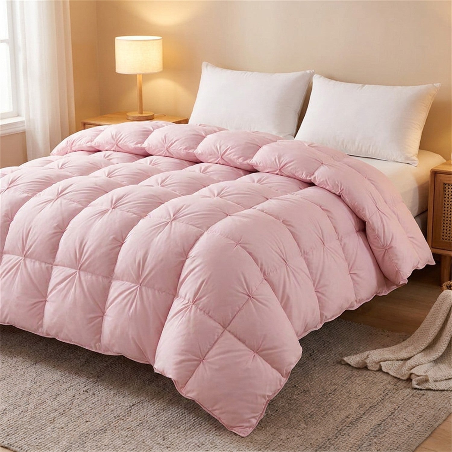 Couette en duvet matelassée rose poudré posée sur un lit