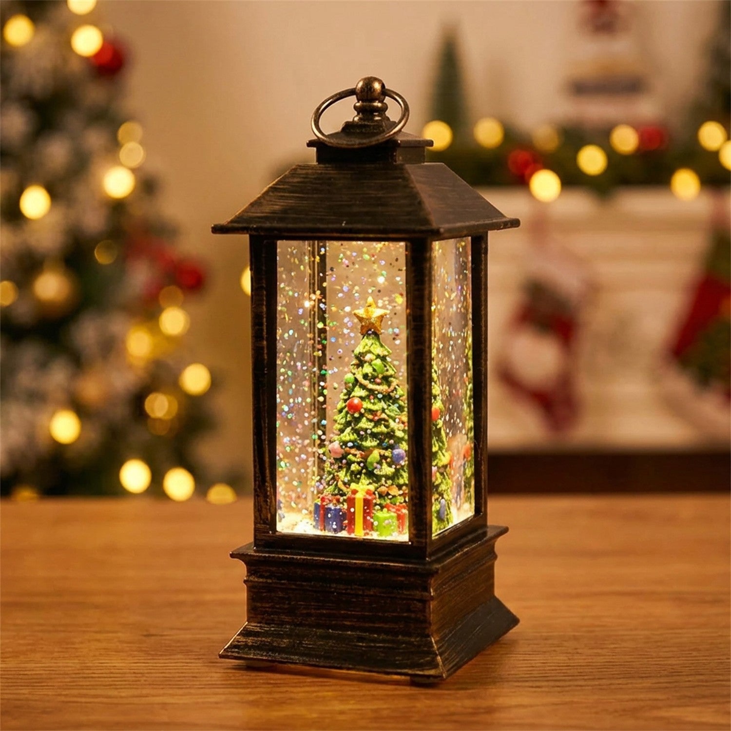 Lanterne Noël LED sapin décoré ornements cadeaux figurine
