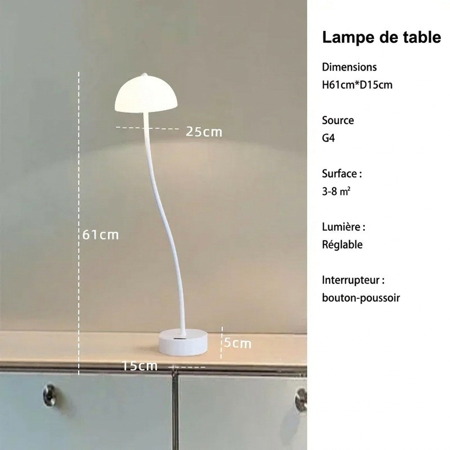 Lampe de table champignon blanche - dimensions H61cm