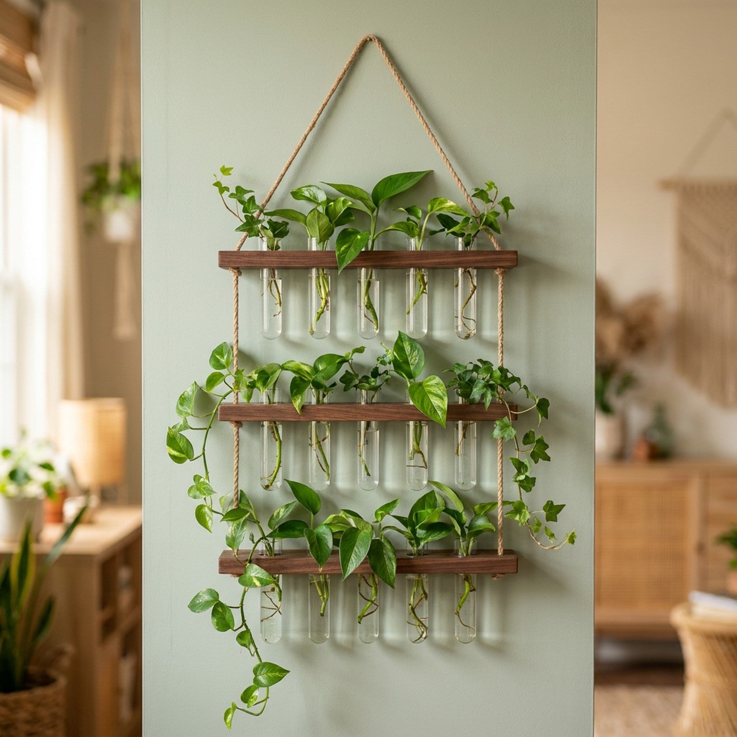 Vase mural en verre tubes bois foncé 3 étages