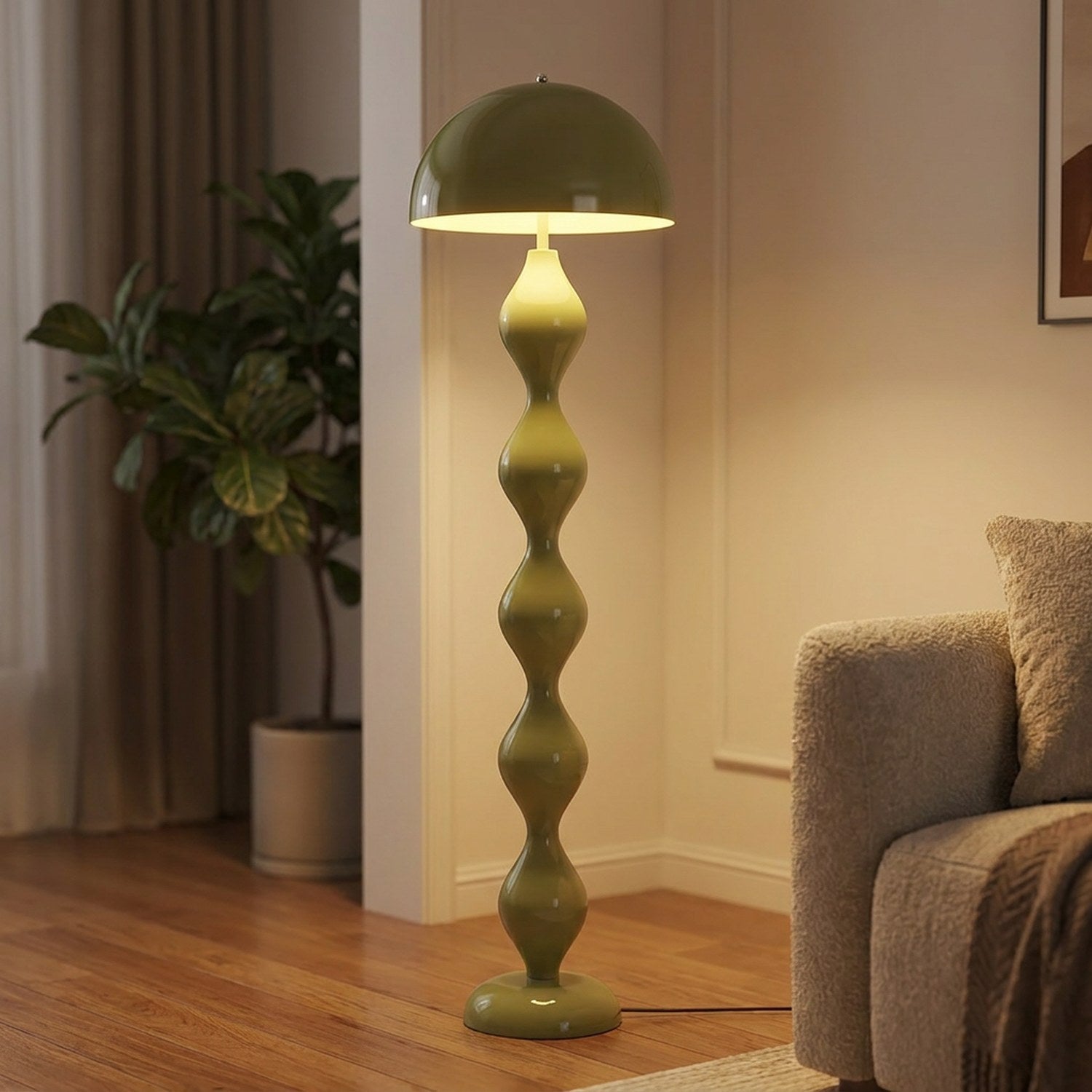 Lampadaire champignon vert olive allumé dans un intérieur cosy