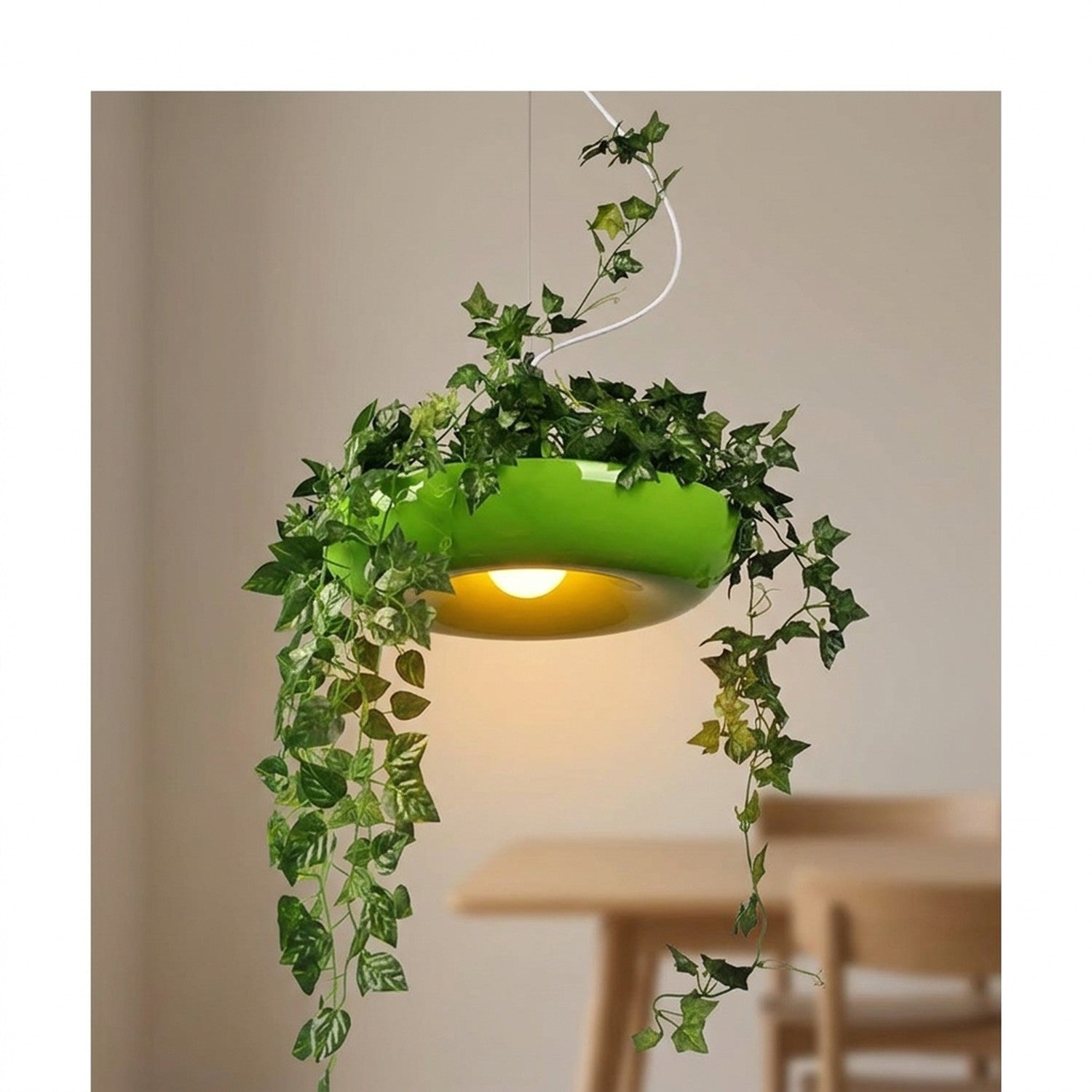 Suspension verte close-up bac à plantes intégré lierre retombant lumière dorée