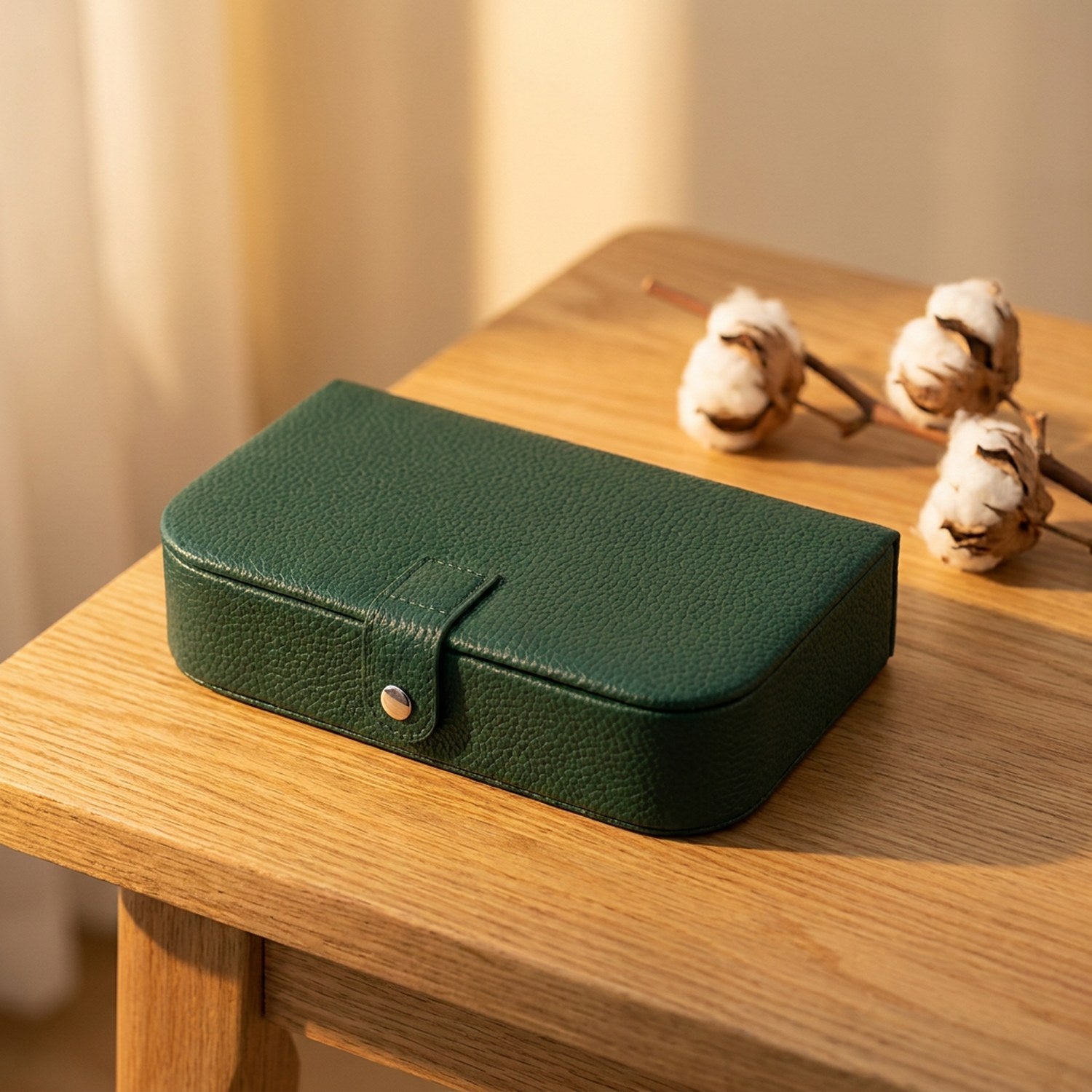 Boîte à bijoux voyage vert foncé en simili cuir sur surface en bois