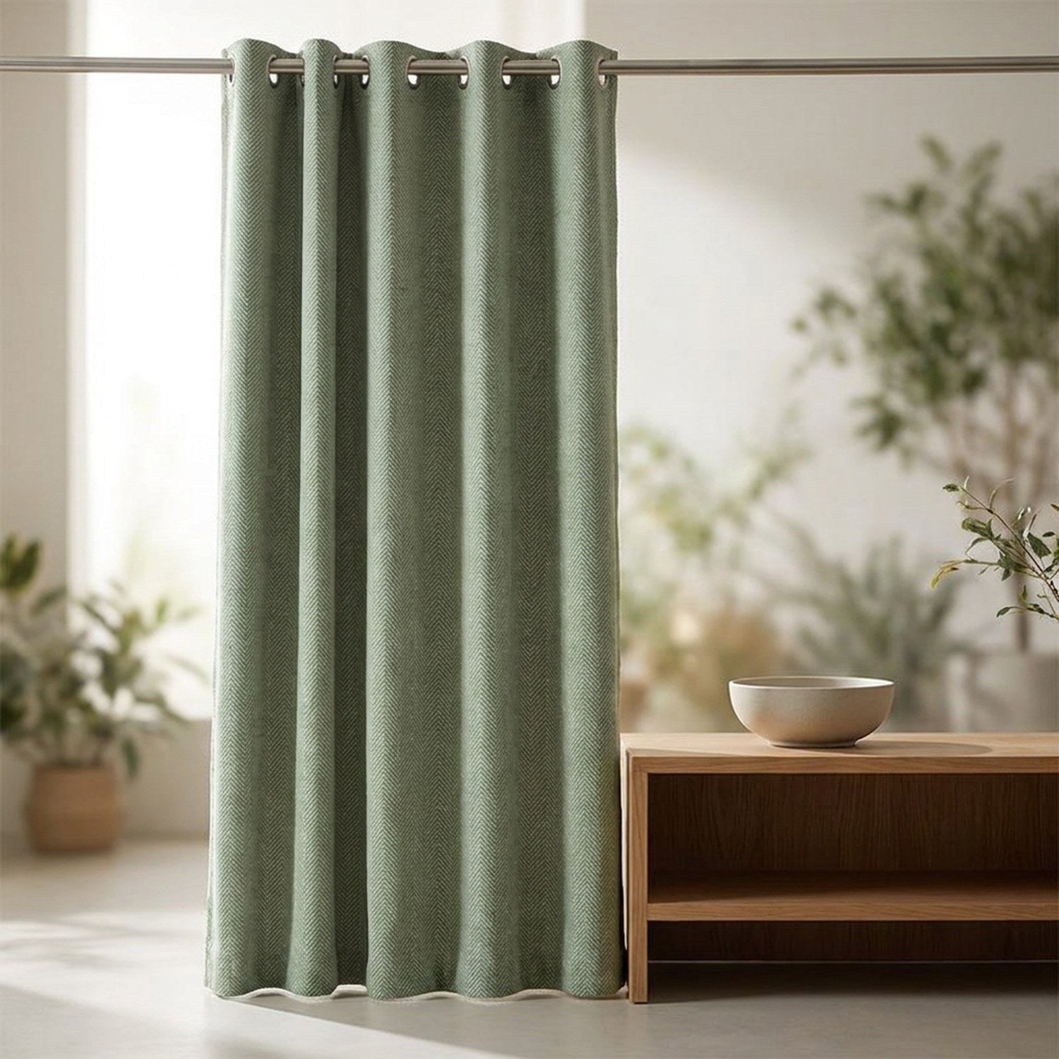 Rideau chenille vert sauge à chevrons dans un salon lumineux avec plantes