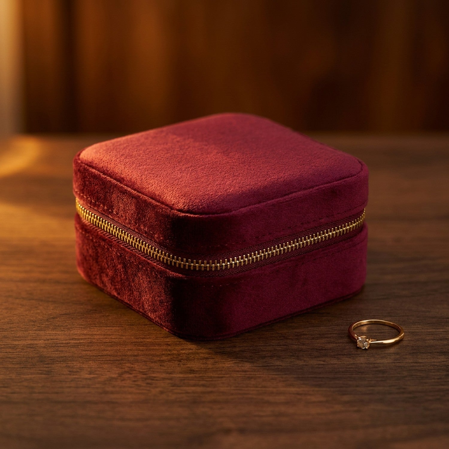 Boîte à bijoux en velours vin rouge avec fermeture éclair dorée