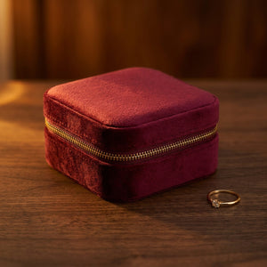 Boîte à bijoux en velours vin rouge avec fermeture éclair dorée