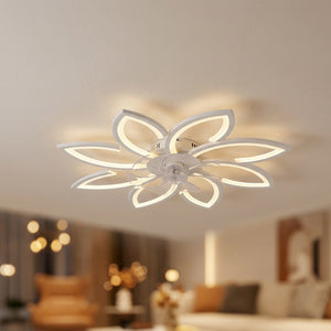 Plafonnier ventilateur fleur coloris blanc allumé au plafond