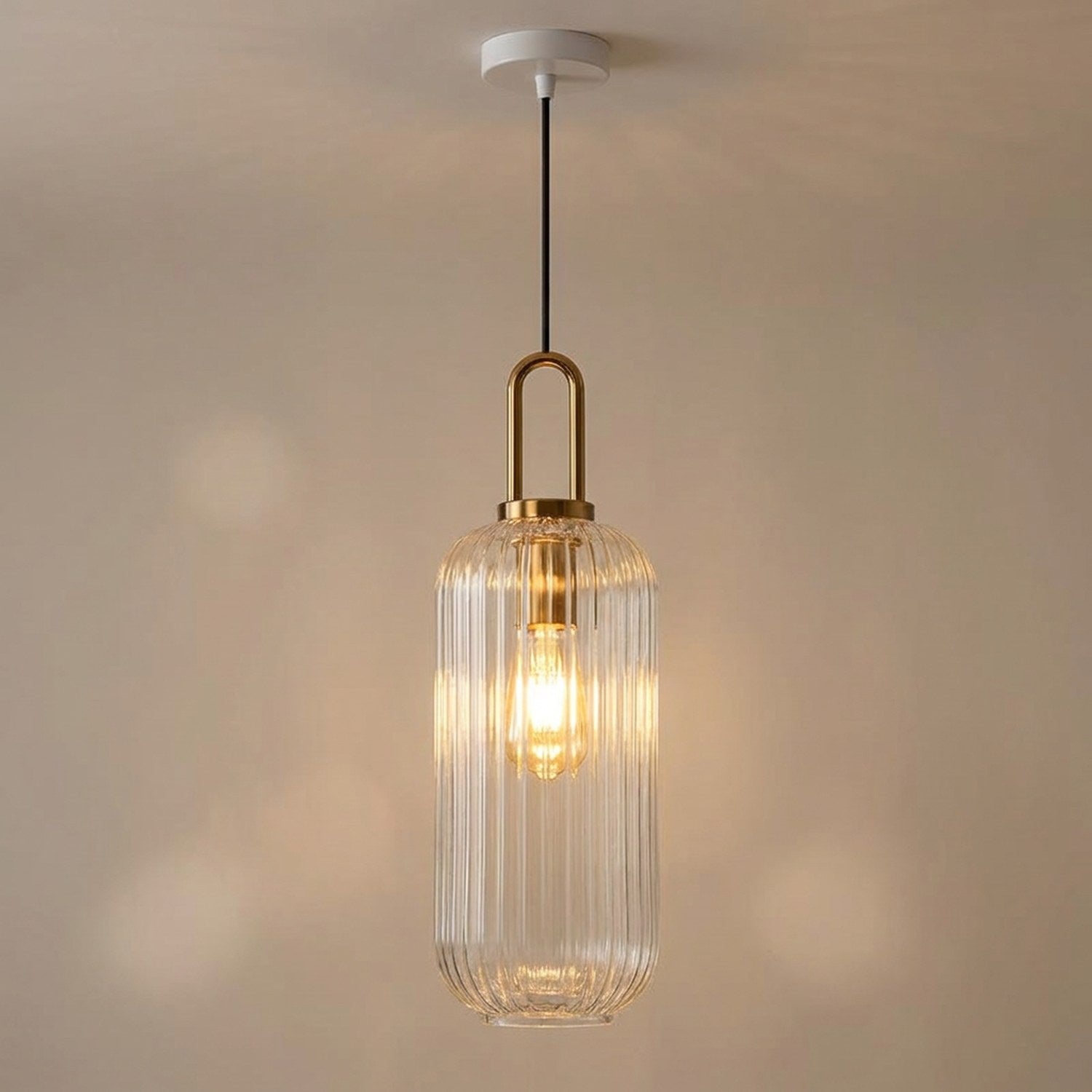 Suspension en verre cannelé taille 14 cm forme cylindre allongé