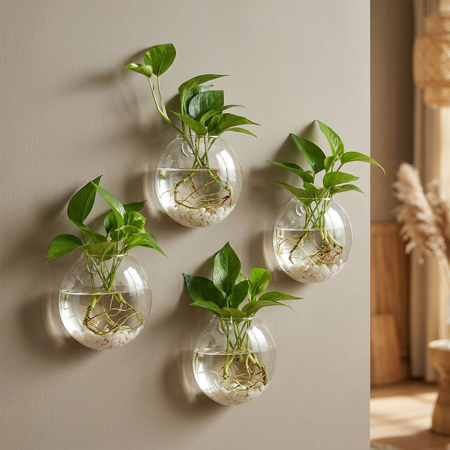 Vase mural en verre lot de 4 pièces avec plantes hydroponiques
