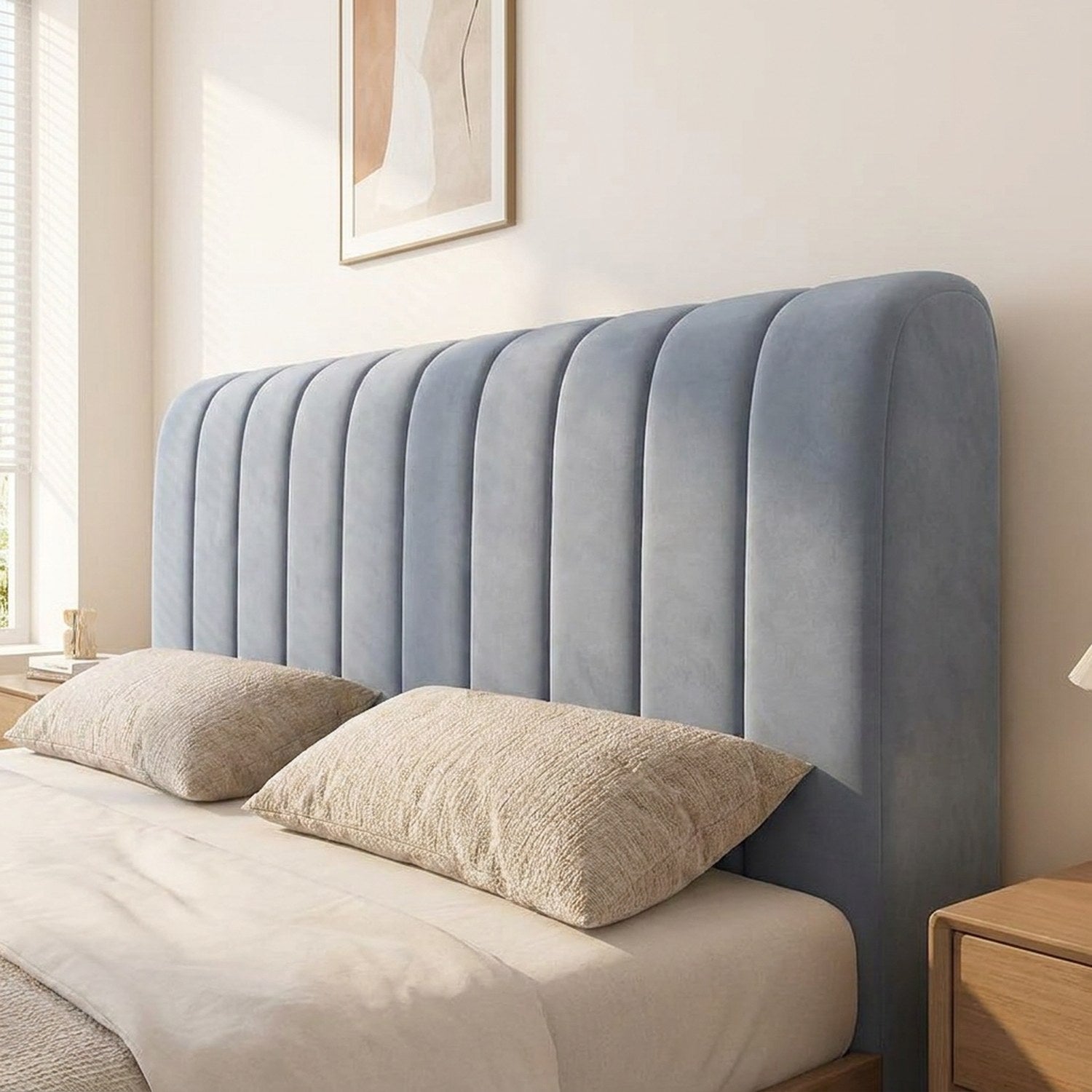 Housse de tête de lit cannelée en velours couleur bleu gris