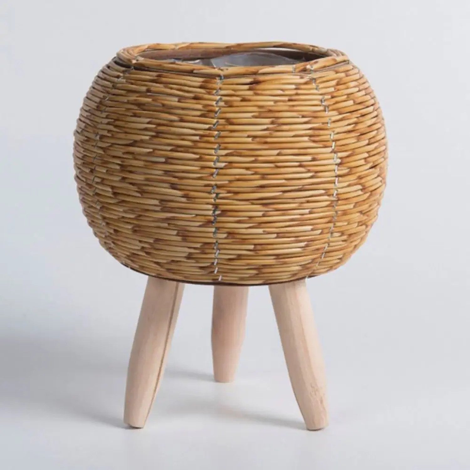 Cache-pot rotin boule naturel avec pieds en bois
