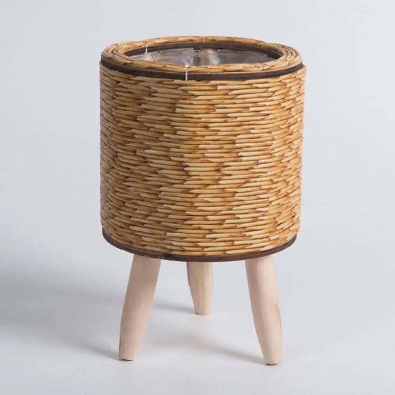 Cache-pot rotin cylindrique naturel avec pieds en bois