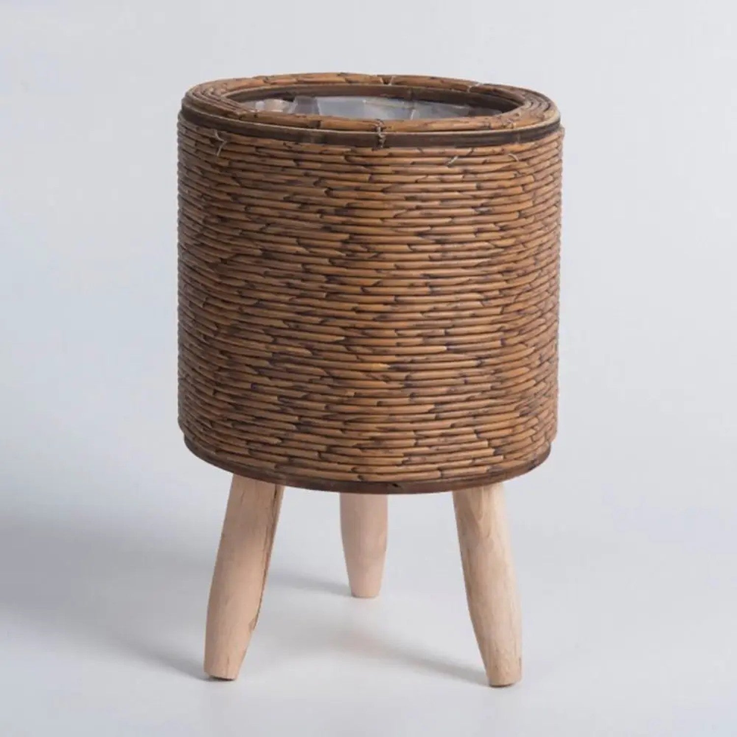 Cache-pot rotin cylindrique brun foncé avec pieds en bois