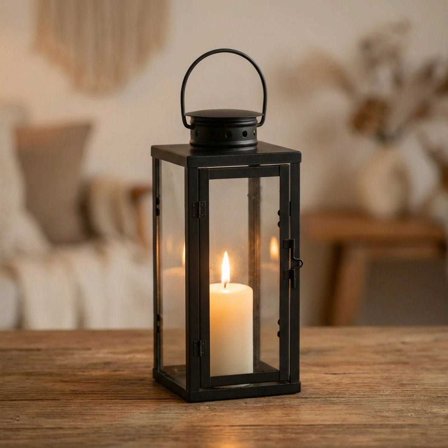 Lanterne à bougie en métal noir hauteur 35 cm