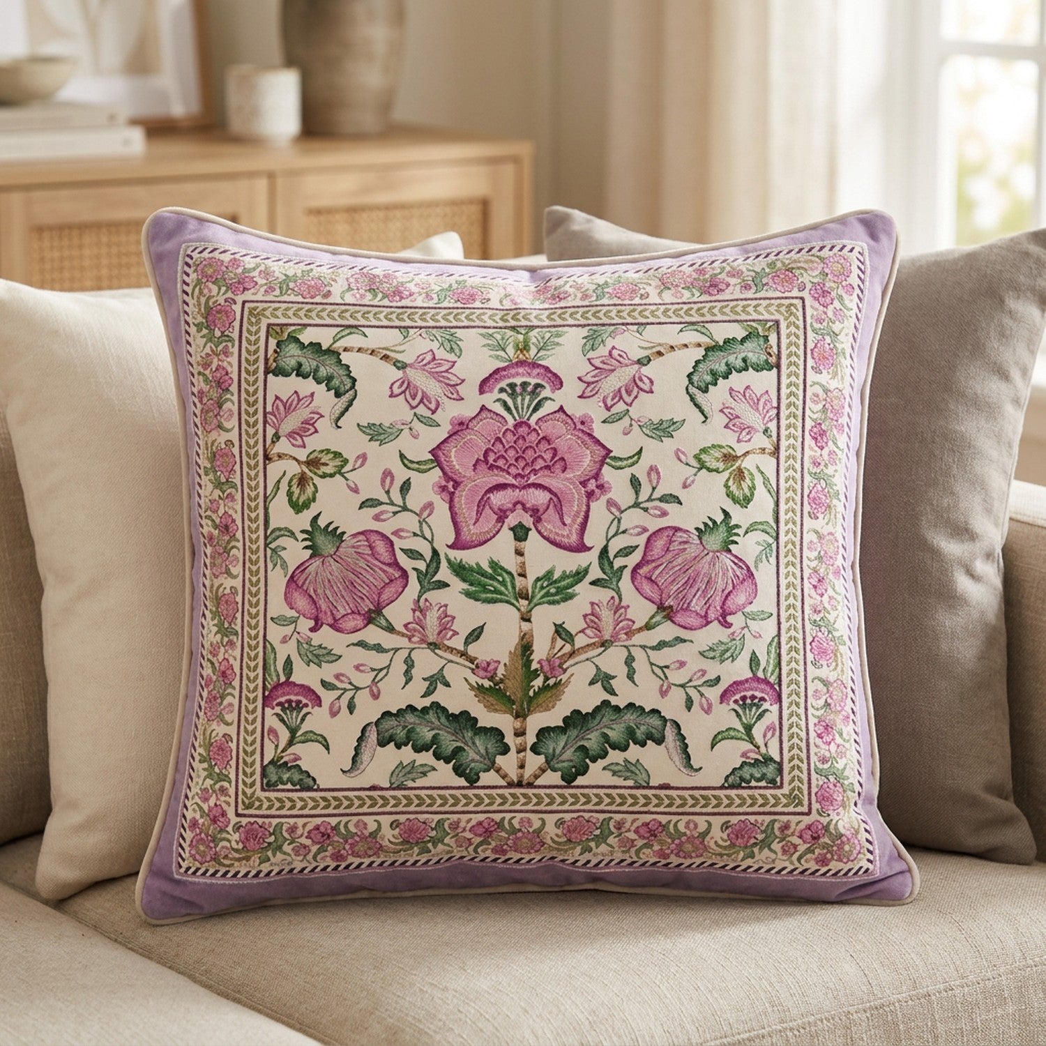 Housse de coussin carrée ivoire à bouquet floral rose et bordure lilas sur un canapé beige