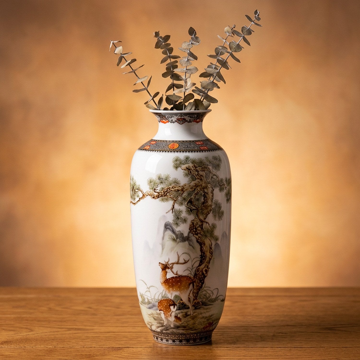 Vase céramique Jingdezhen motif Cerf et pin peinture chinoise sur fond chaleureux